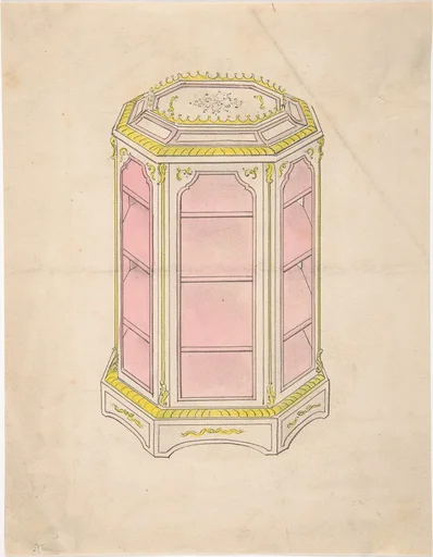 Design for an Octagonal Cabinet with Shelves and a Pink Interior