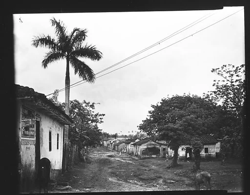 [Row of Wooden Houses on Dirt Road with "La Nueva Diana" General Store in Foreground, Cuba]