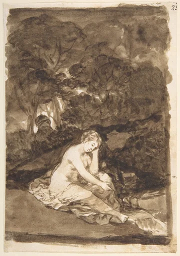 A partly naked woman seated by a stream; page 32 from the 'Images of Spain' album (F)