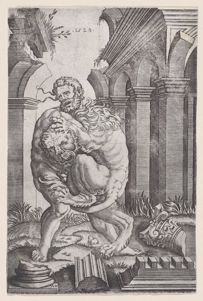Hercules Strangling the Nemean Lion — Agostino Veneziano (Agostino dei Musi)|Raphael (Raffaello Sanzio or Santi)|Giulio Romano