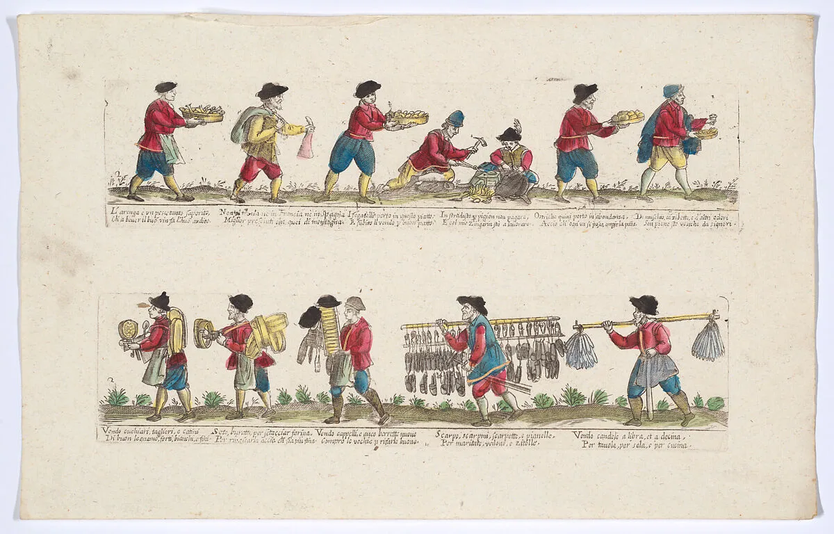 Plate 2 depicting the trades of Rome, here including vendors of fish, sieves, candles etc, from the 'Descrición de las artes que se llaman para los calles de la ciudad de Roma' — Remondini|Giovanni Ambrogio Brambilla