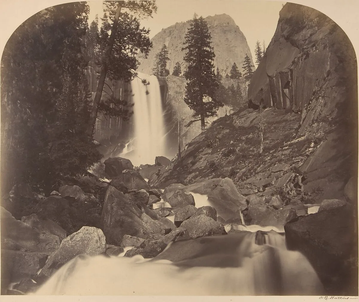 Mt. Broderick in Distant Centre, Piroyac, Falling Chrystals, Vernal Fall — Carleton E. Watkins