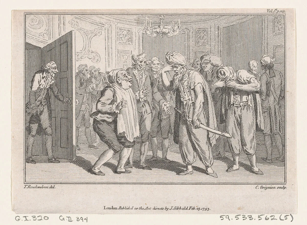 The Duke of N-'s Levée, an illustration from Tobias Smollett's "The Expedition of Humphry Clinker" (London, 1793), Vol. 1 — Charles Grignion, I|Thomas Rowlandson