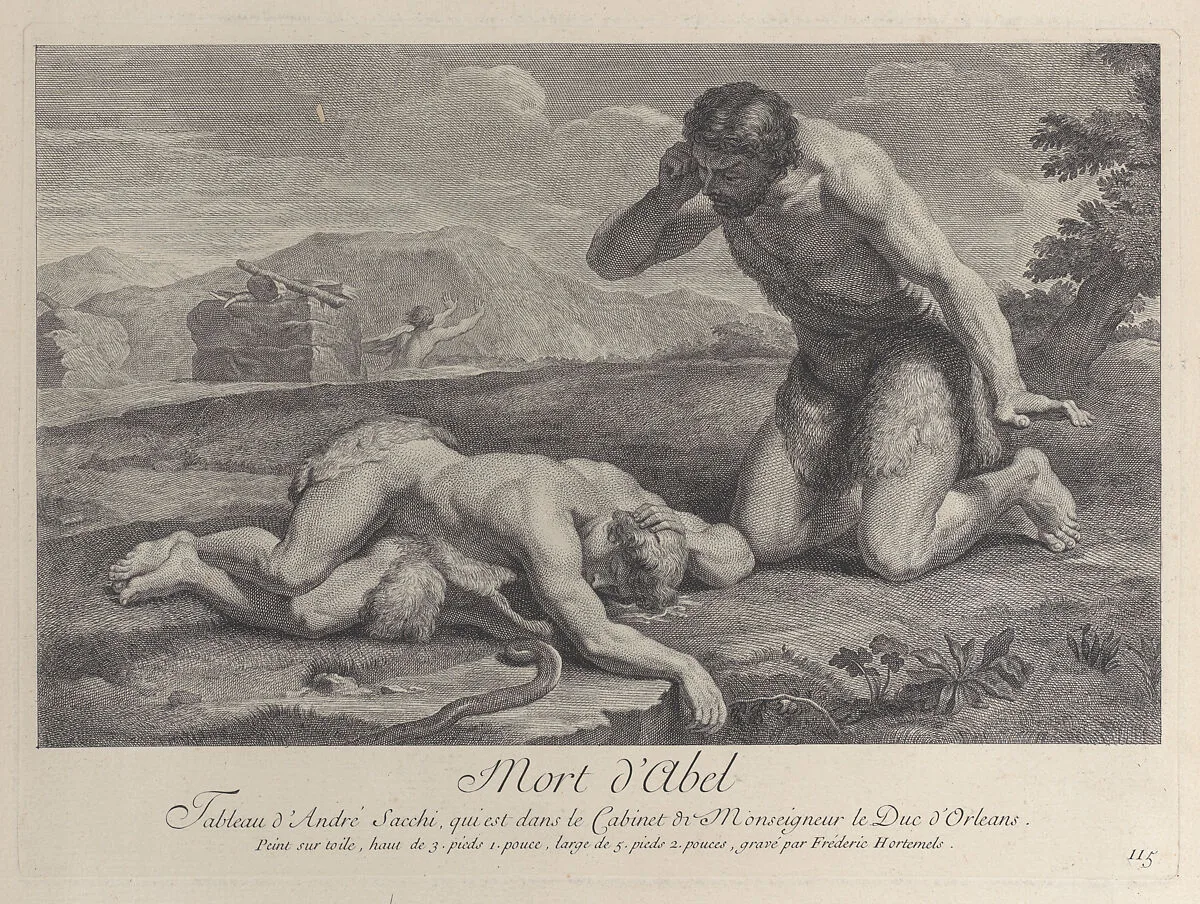 Adam kneels in grief beside the body of Abel, while Cain flees in the background — Frédéric Horthemels|Andrea Sacchi