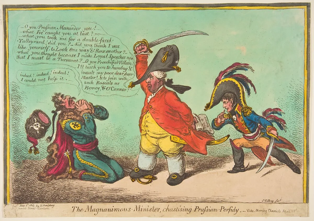 The Magnanimous Minister, Chastising Prussian Perfidy.–vide–Morning Chronicle April 28th — James Gillray|Hannah Humphrey