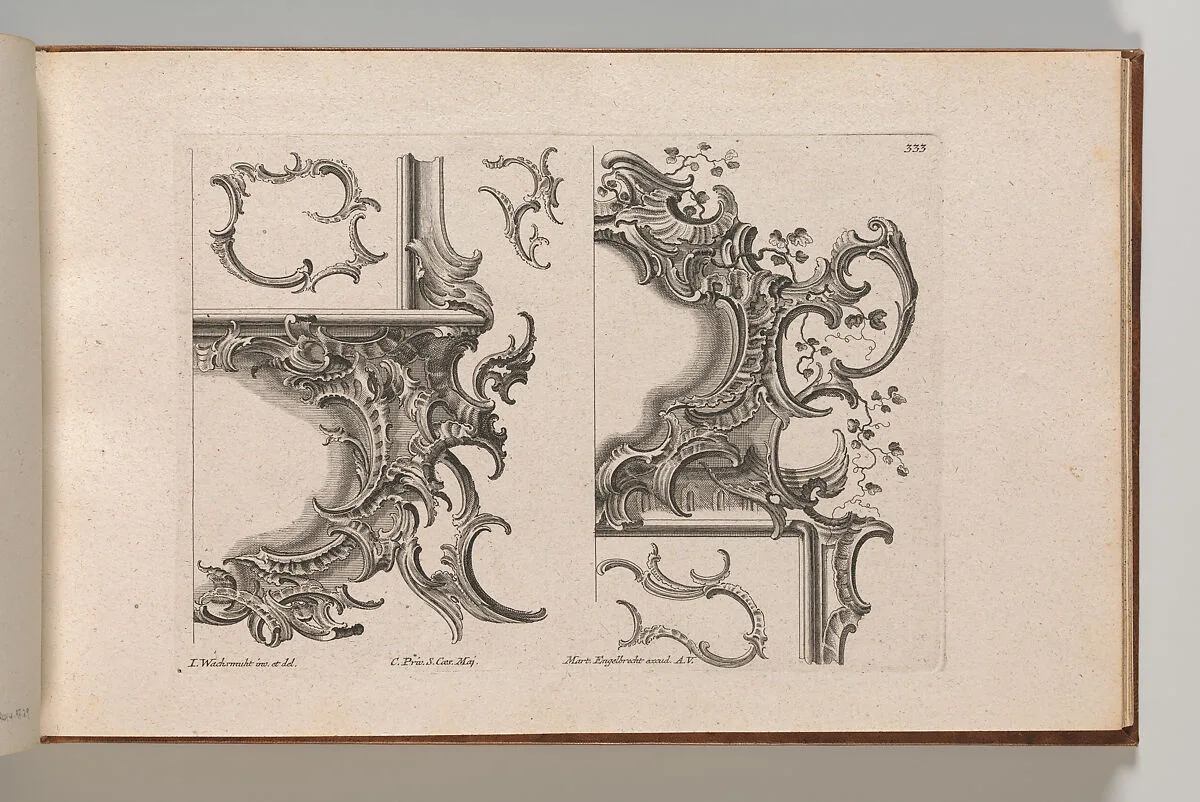Suggestion for the Decoration of Lower Right and Top Right of a Framel, Plate 4 from an Untitled Series with Rocailles Ornaments for Window, Pier Glass and Door Frames — Jeremias Wachsmuth|Martin Engelbrecht