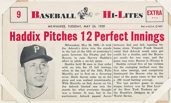 Harvey Haddix #9 from Nu-Card Baseball Hi-Lites series (W460) — Nu-Card, Inc.