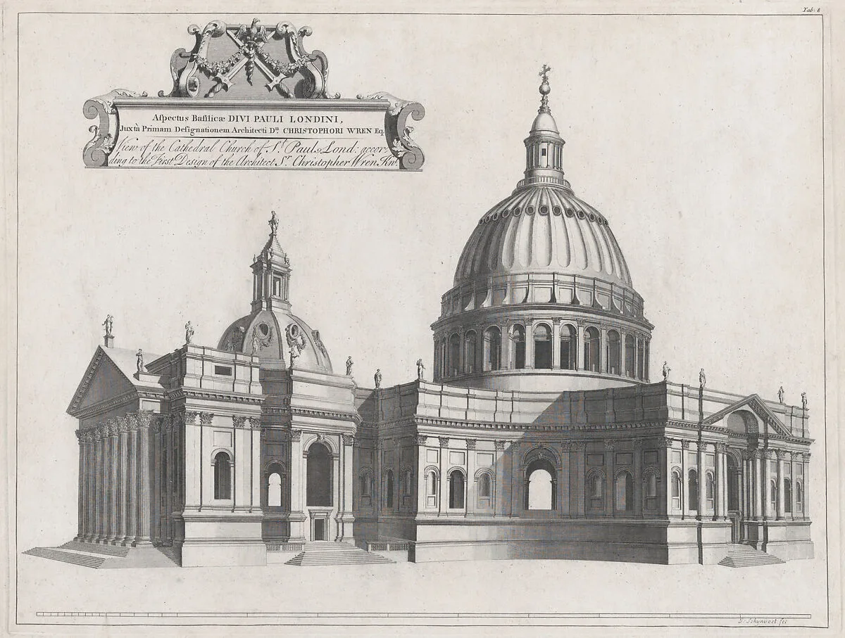 View of the Cathedral Church of St. Paul's, London, Plate 8 from: A Catalogue of the Churches (...) Royal Palaces, Hospitals, and Publick Edifices, Built by Sr. Christopher Wren — Sir Christopher Wren|Jacob Schijnvoet