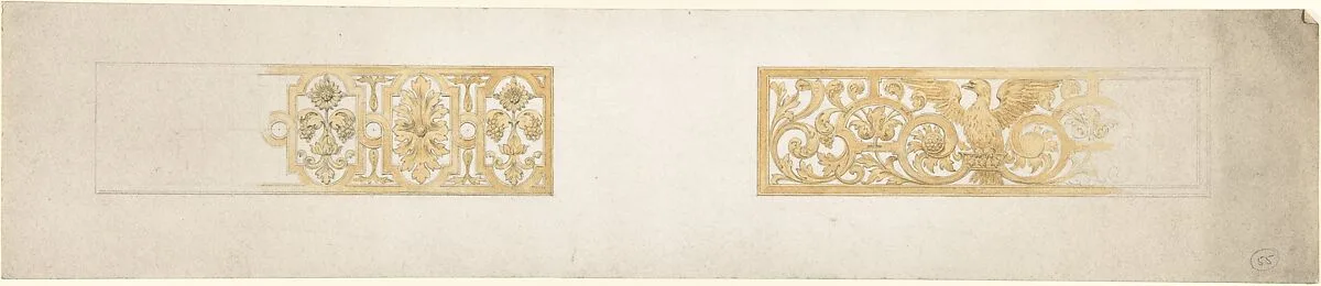 Two Rectangular Ornaments with Strapwork, Foliage and an Eagle — John Gregory Crace