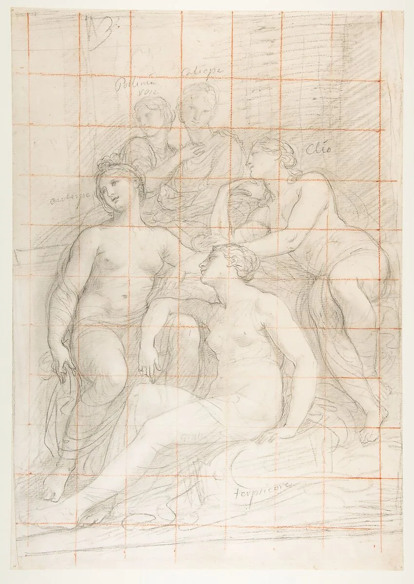 The Muses Euterpe, Polyhymnia, Calliope, Clio, and Terpsichore (recto); Sketch of a Sleeping Child (verso) — Andrea Appiani