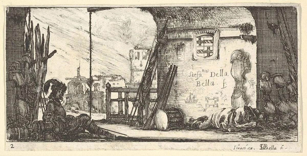 Plate 2: a soldier seated to left beneath an archway, another lying on the ground to right alongside military equipment, from 'Troops, cannons, and attacks on towns' (Dessins de quelques conduites de troupes, canons, et ataques de villes) — Stefano della Bella|Israël Henriet