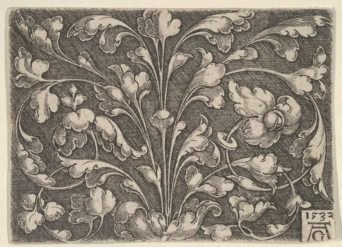Horizontal Panel with Tendrils Rising from Center — Heinrich Aldegrever