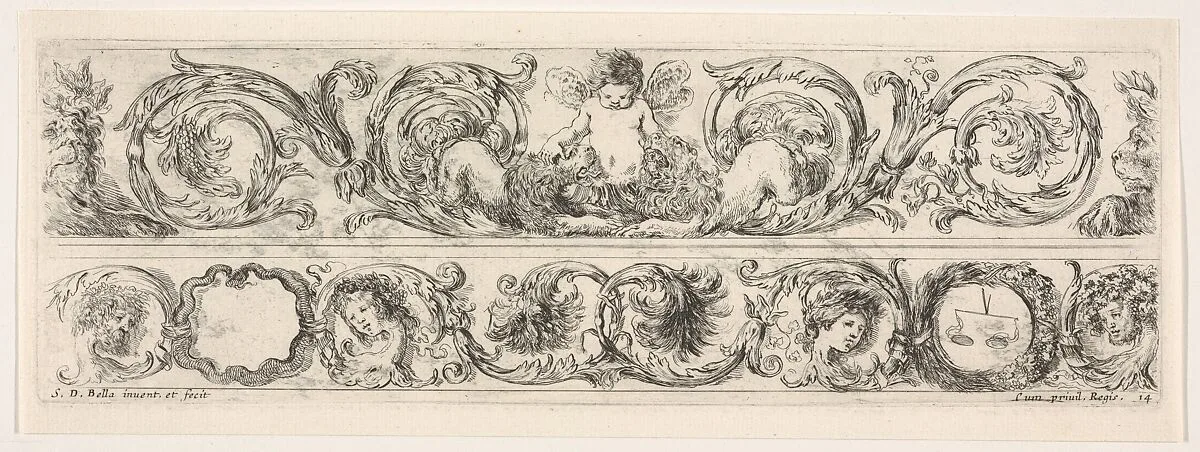 Design for Two Friezes, the One on Top containing a Zephyr flanked by Lions, Plate 14 from: 'Decorative friezes and foliage' (Ornamenti di fregi e fogliami) — Stefano della Bella