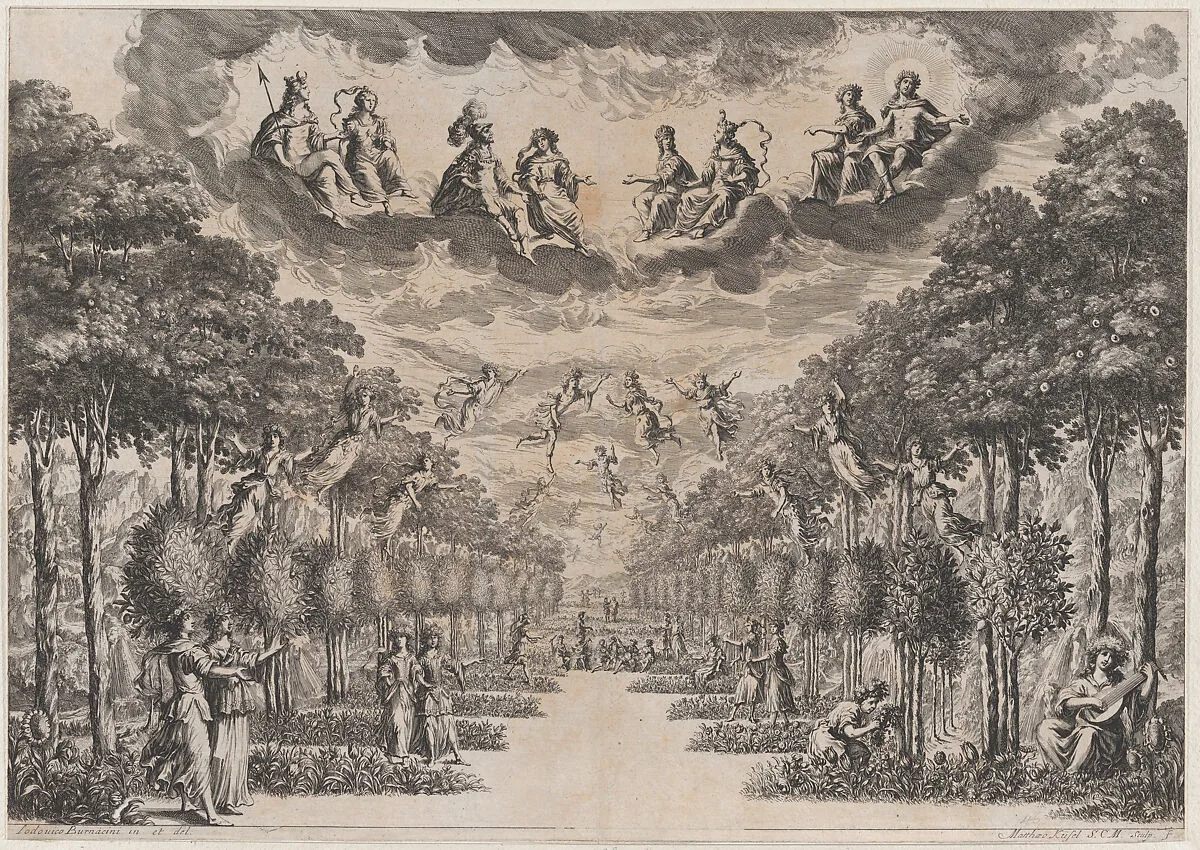 The Elysian Fields; set design from 'La Monarchia Latina Trionfante' — Mathäus Küsel|Ludovico Ottaviano Burnacini