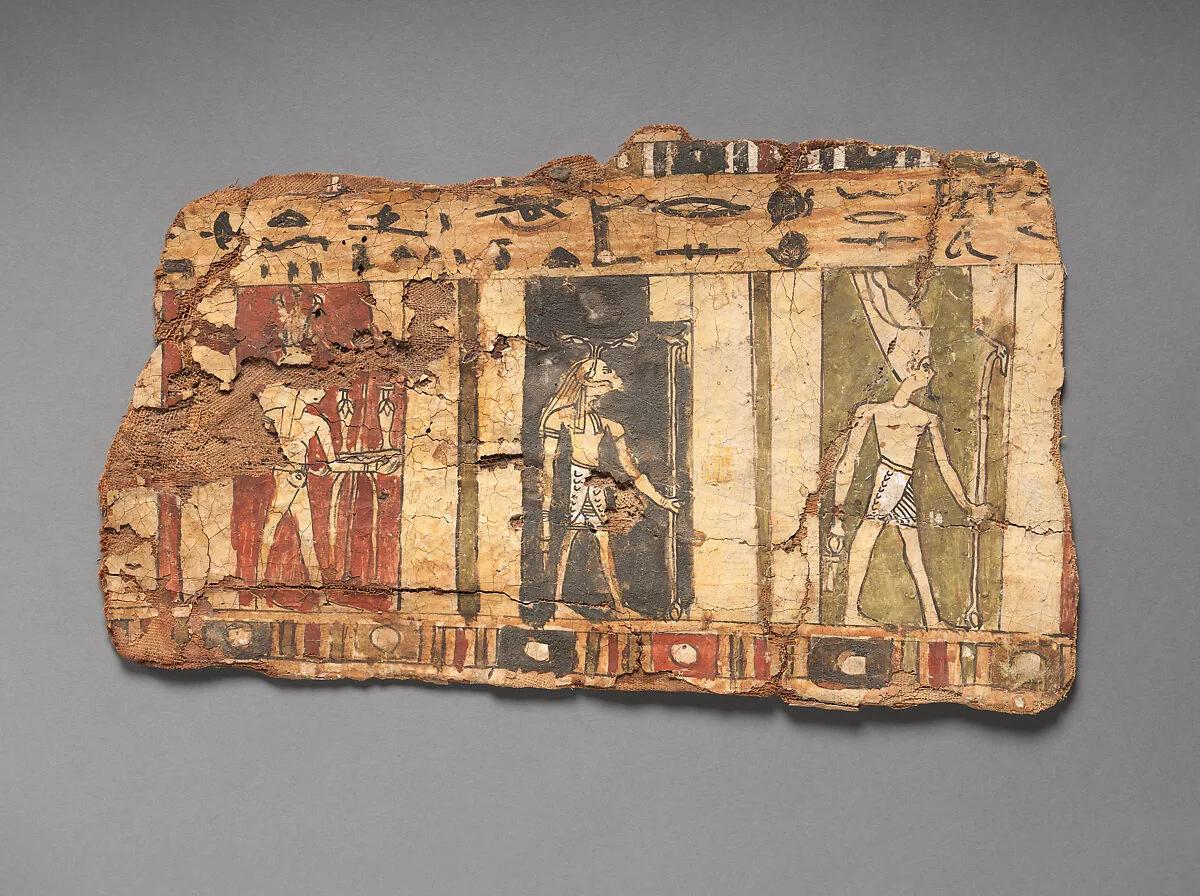 Fragment of cartonnage depicting three deities — Unknown
