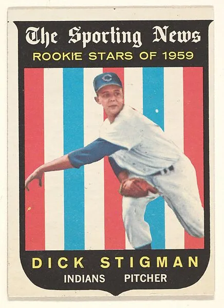 Dick Stigman, Pitcher, Cleveland Indians, from the "1959 Topps Regular Issue" series (R414-14), issued by Topps Chewing Gum Company. — Topps Chewing Gum Company