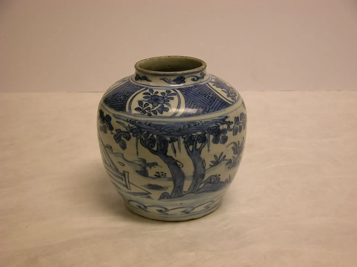 晚明 景德鎮窯青花羲之愛鵝紋罐|Jar with scene of Wang Xizhi (303–361) watching geese — Unknown
