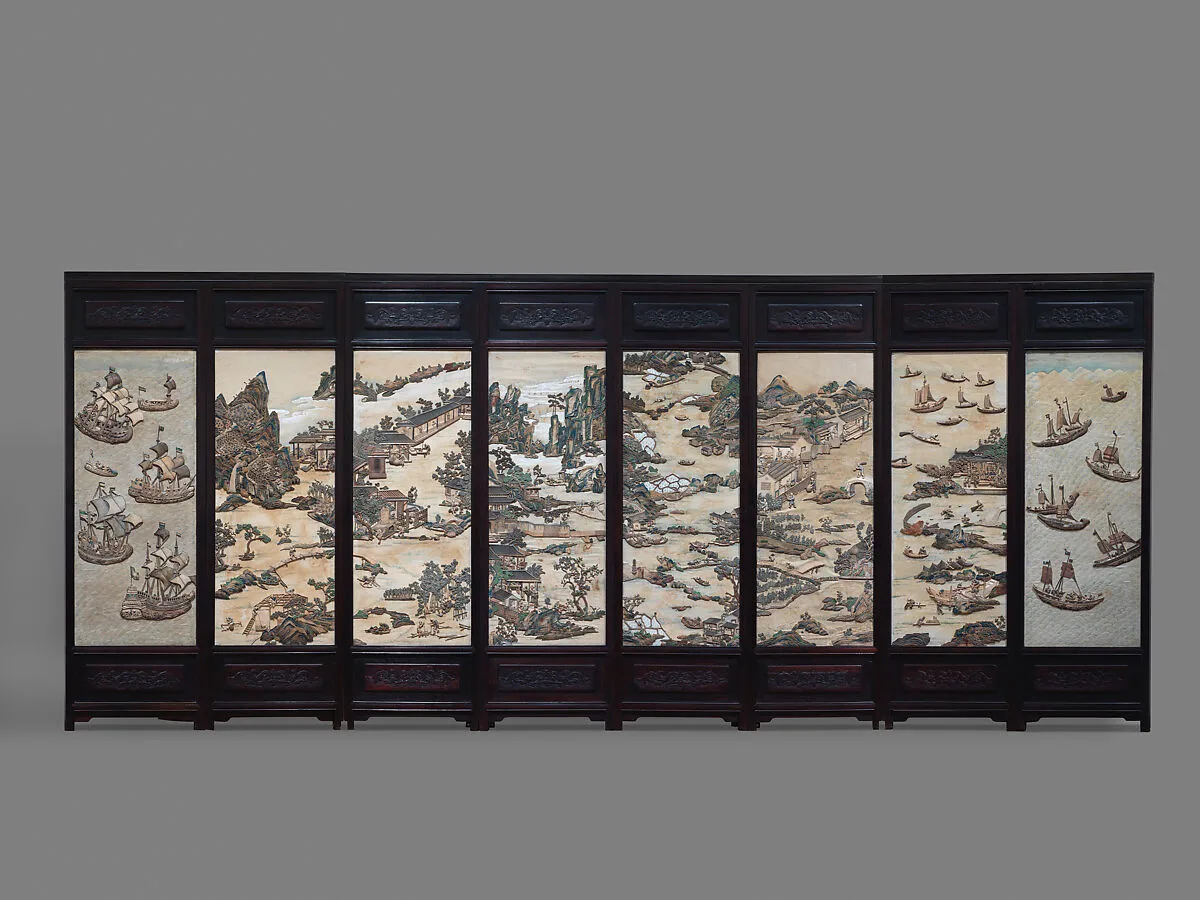 清晚期 彩石鑲嵌山水人物圖屏風|Folding screen with figures in a landscape — Unknown
