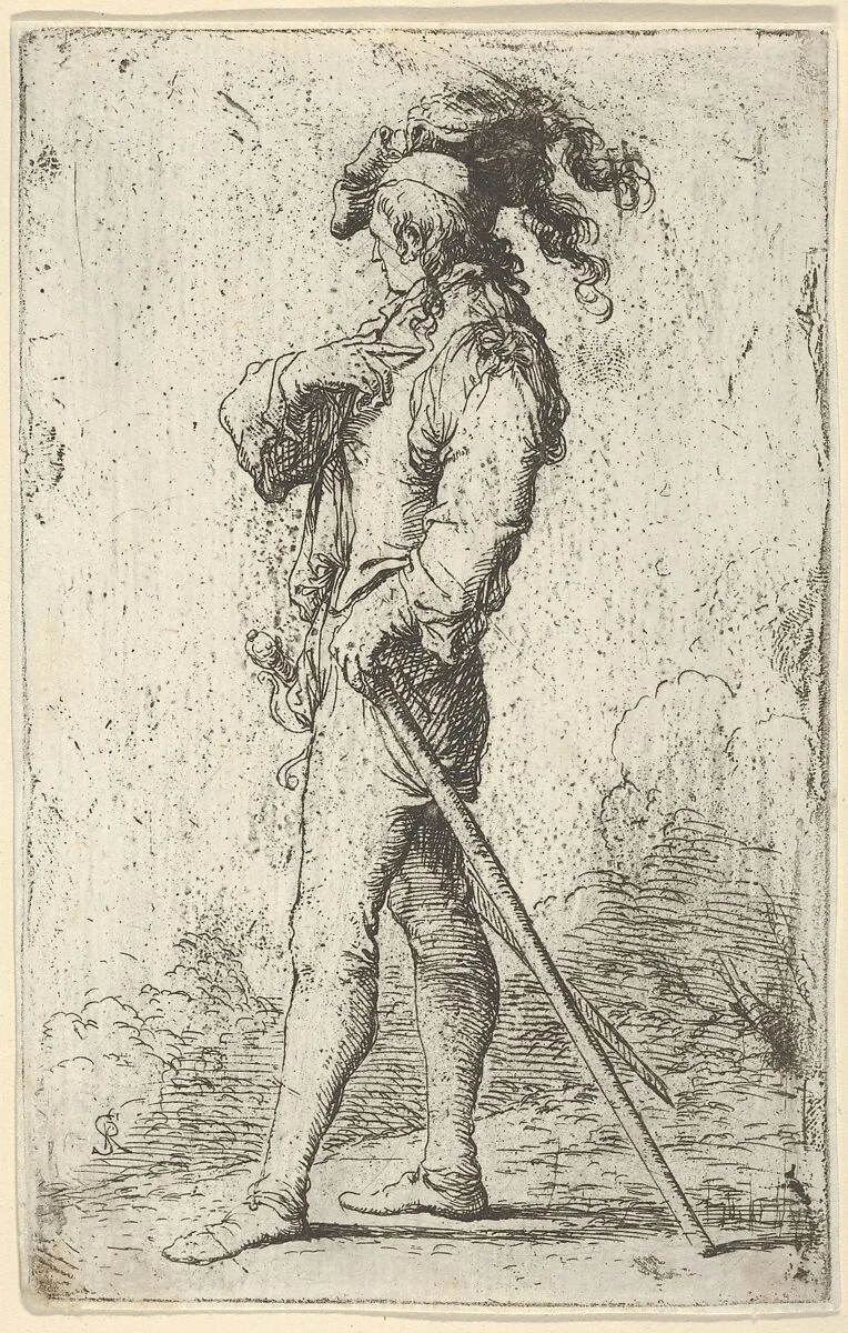 A warrior facing left wearing a plumed hat and holding a cane, from the series 'Figurine' — Salvator Rosa