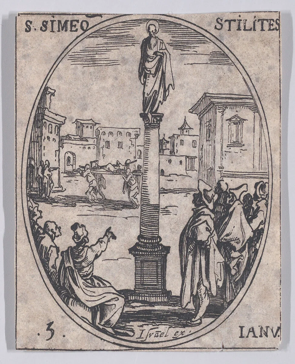 S. Siméone Stylite (St. Simeon Stylites), January 5th, from "Les Images De Tous Les Saincts et Saintes de L'Année" (Images of All of the Saints and Feast Days of the Year) — Jacques Callot|Israël Henriet