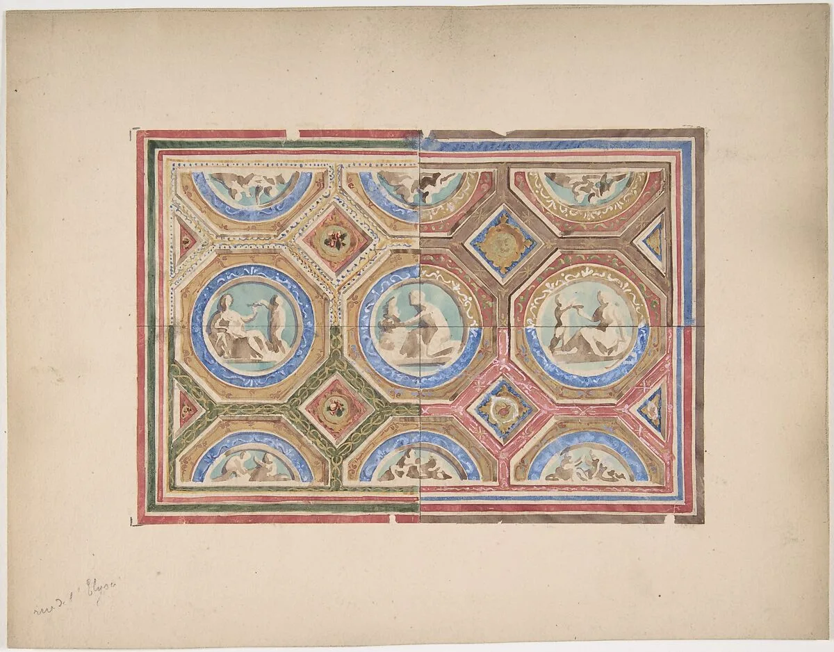 Design for Coffered Ceiling in Four Alternate Color Schemes, Empress Eugenie's Hotel — Jules-Edmond-Charles Lachaise|Eugène-Pierre Gourdet
