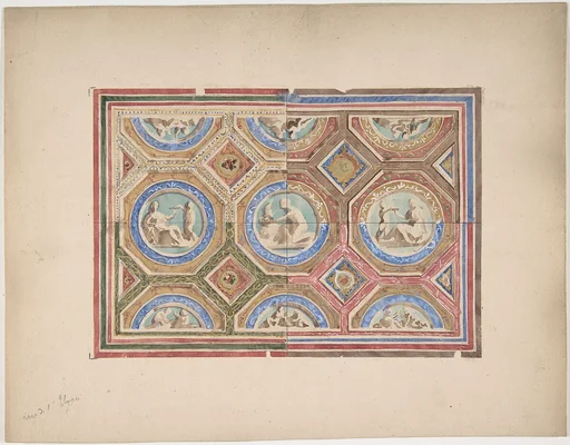 Design for Coffered Ceiling in Four Alternate Color Schemes, Empress Eugenie's Hotel