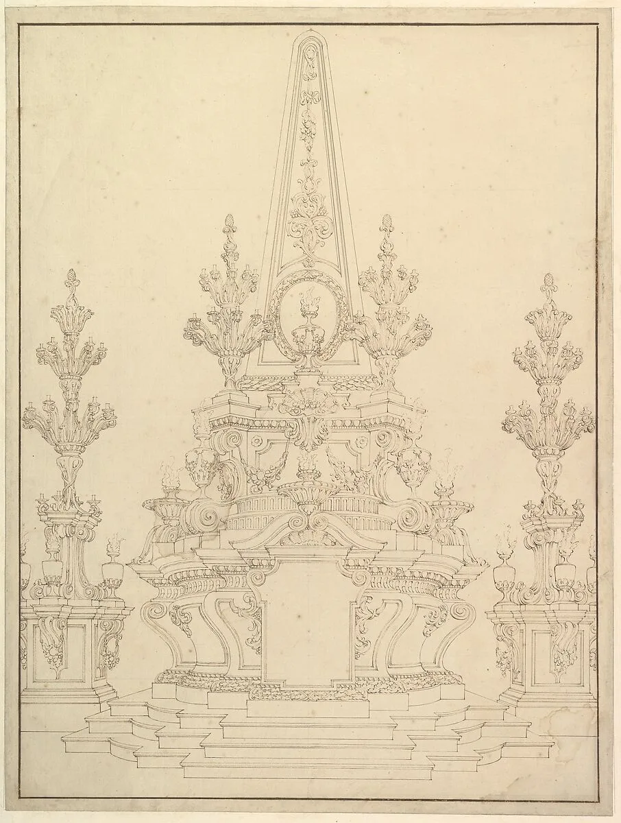 Elevation of a Catafalque: Two Pedestals with Candelabra at Sides; with Central Obelisk Surrounded by Candelabra.Verso: Sketch of architecture: archway and corner with pillars. — Giuseppe Galli Bibiena