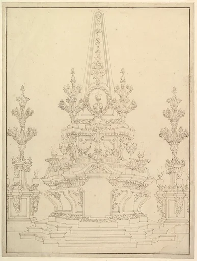 Elevation of a Catafalque: Two Pedestals with Candelabra at Sides; with Central Obelisk Surrounded by Candelabra.Verso: Sketch of architecture: archway and corner with pillars.