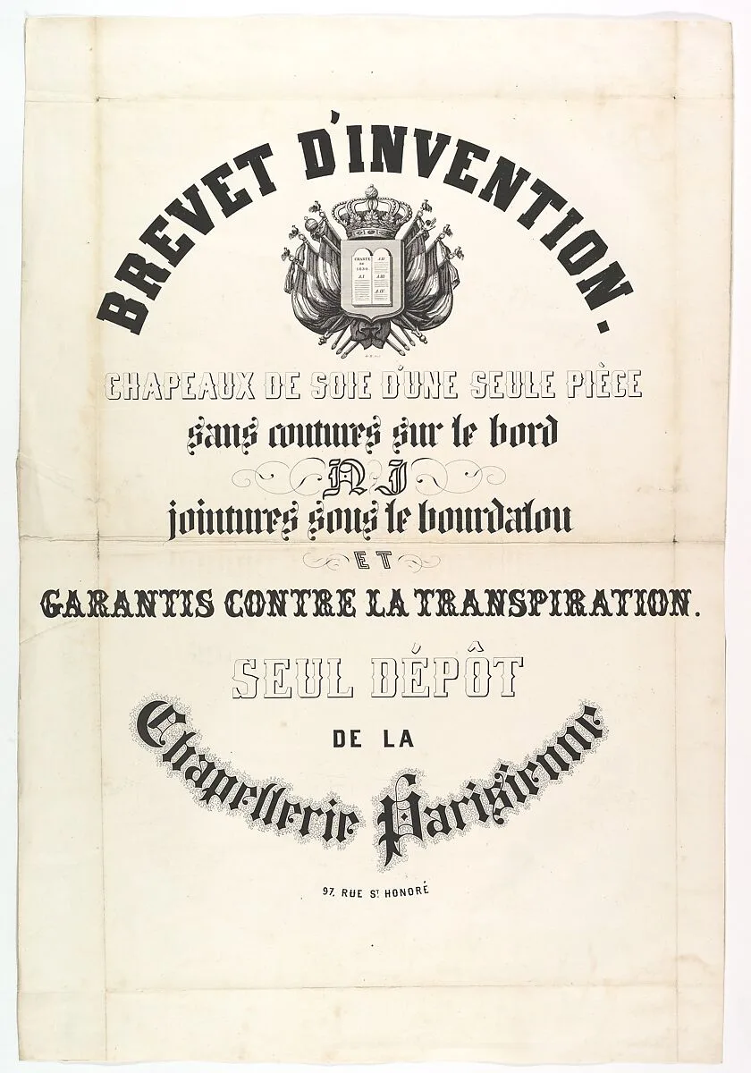 Brevet d'Invention. Chapeaux de soie d'une seule pièce... — Anonymous, French, 19th century
