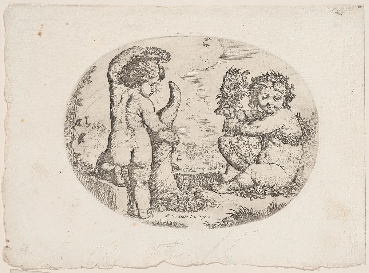 Putto at left holding an upturned cornucopia and a garland, another seated at the right holding an urn, an allegory of the seasons (Autumn), an oval composition — Anonymous, 17th century|Pietro Testa