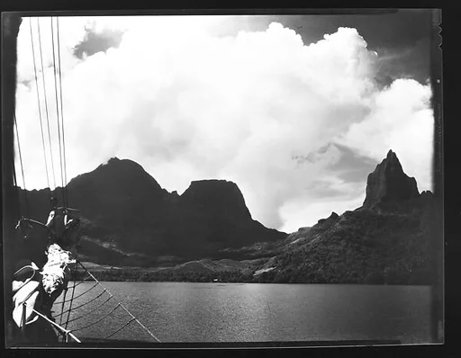 [South Seas: Rock Formations and Mountain Range, with Cressida Rigging in Foreground]