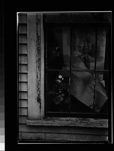[Flowers and Poster of Herbert Hoover in House Window, Wellfleet, Massachusetts]