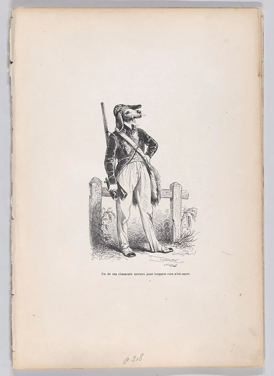 "One of those novice hunters for whom nothing is sacred" from Scenes from the Private and Public Life of Animals — Honoré de Balzac|Joseph Hippolyte Jules Caqué|J. J. Grandville