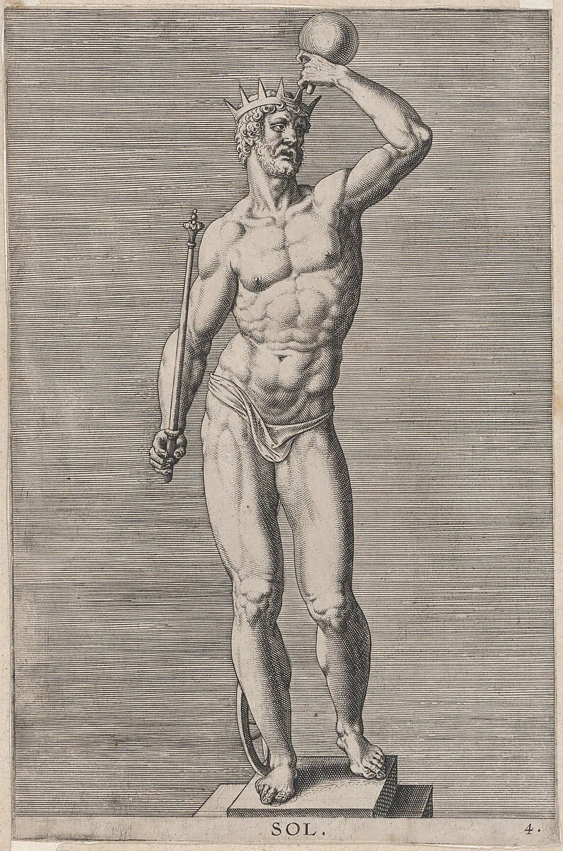 Plate 4: Apollo; statue of the nude god standing on a socle, wearing a crown and holding a scepter in his right hand and an orb in his left; from 'Statues of Roman Gods' after Jacques Jonghelinck — Philips Galle|Jacques Jonghelinck|Philips Galle
