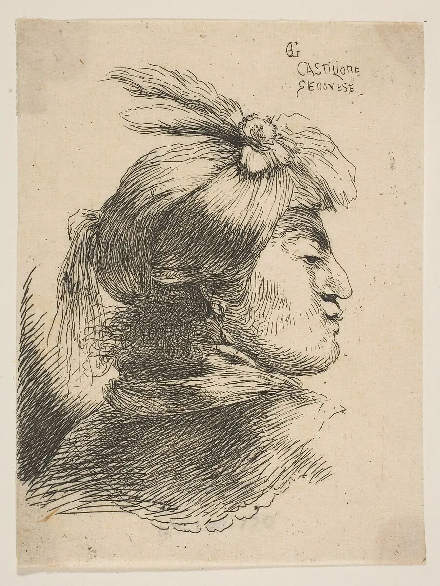 Man wearing a small turban Oonamented with plumes and ribbon, facing right, from the series of 'Small Heads in Oriental Headdress' (19th century impression) — Giovanni Benedetto Castiglione (Il Grechetto)