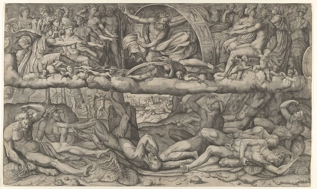 Fall of the Giants, Jupiter in the clouds overhead striking the Giants with lightning — Girolamo Fagiuoli|Perino del Vaga (Pietro Buonaccorsi)