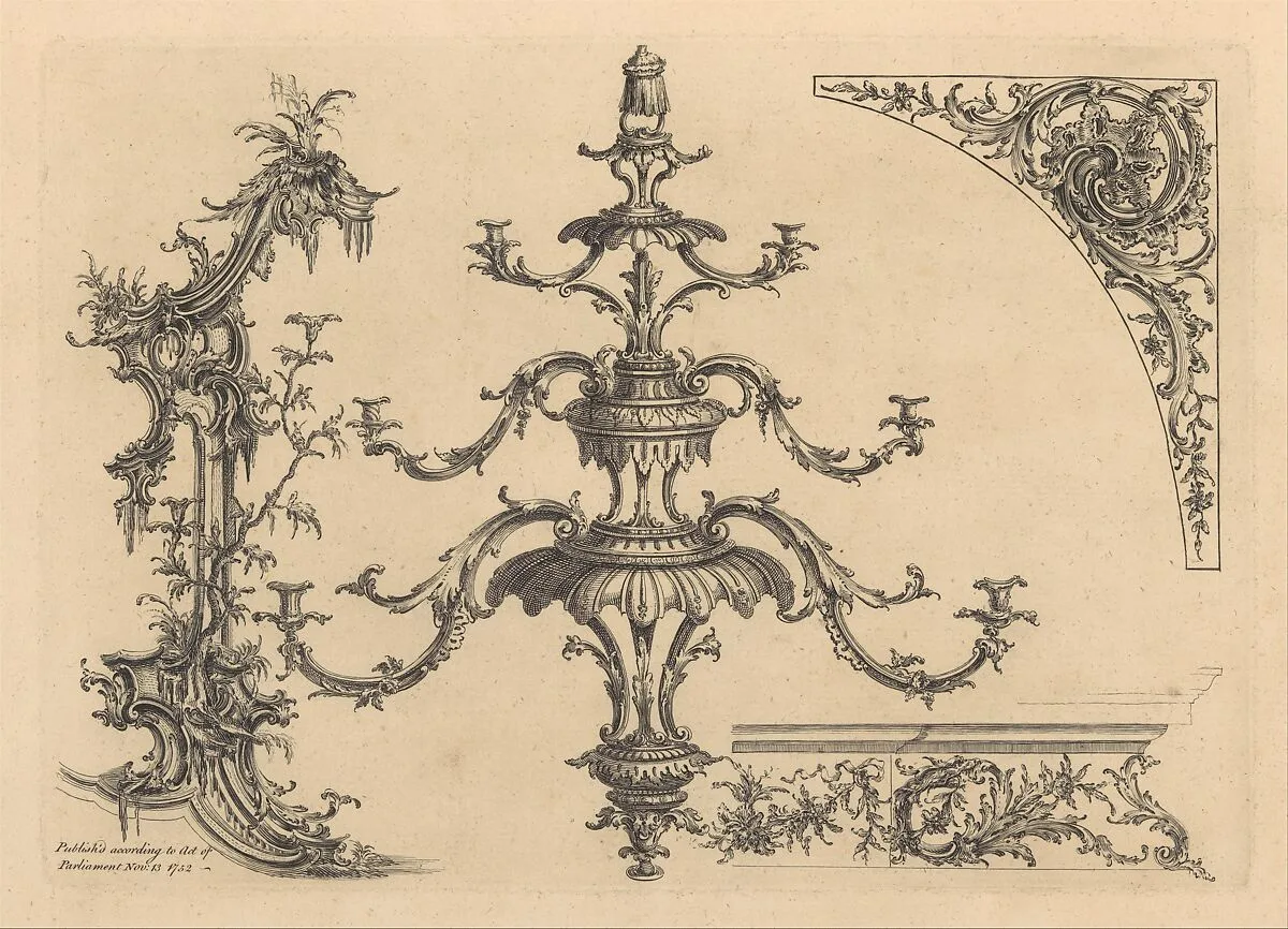 12 plates from 'A New Book of Ornaments with Twelve Leaves Consisting of Chimneys, Sconces, Tables, Spandle Panels, Spring Clock Cases, Stands, a Chandelier and Girandole, etc.' — Henry Copland|Matthias Lock