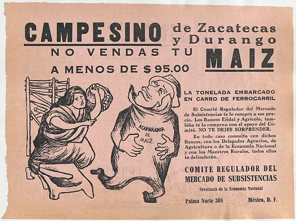 Flyer warning farmers from Zacatecas and Durango not to sell their crops under market value to profiteers, an image of a profiteer running away from a woman — Pablo Esteban O'Higgins|Taller de Gráfica Popular