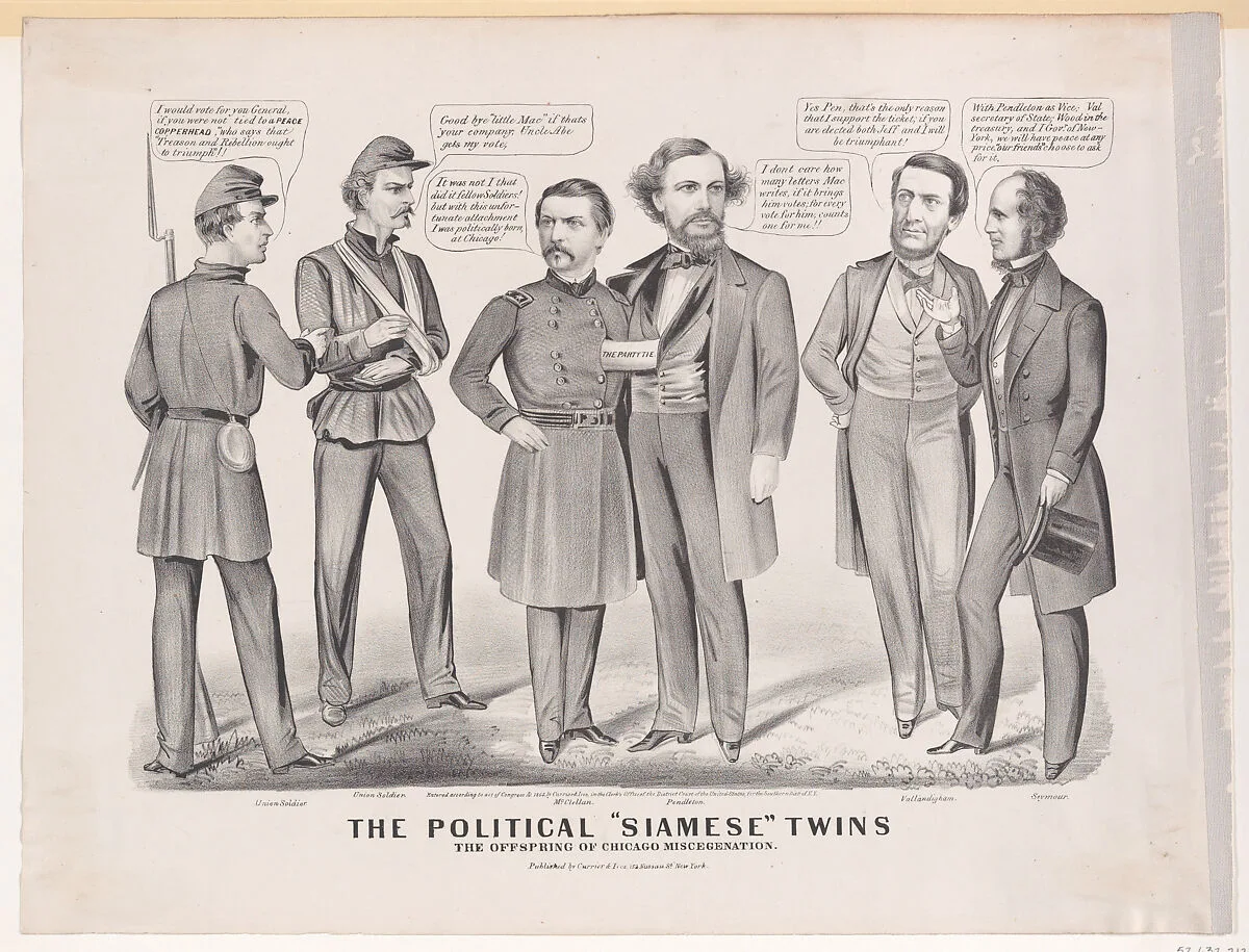 The Political "Siamese" Twins, the offspring of Chicago miscegenation — Currier & Ives|General George B. McClellan|Clement Laird Vallandigham|Horatio Seymour|George Hunt Pendleton