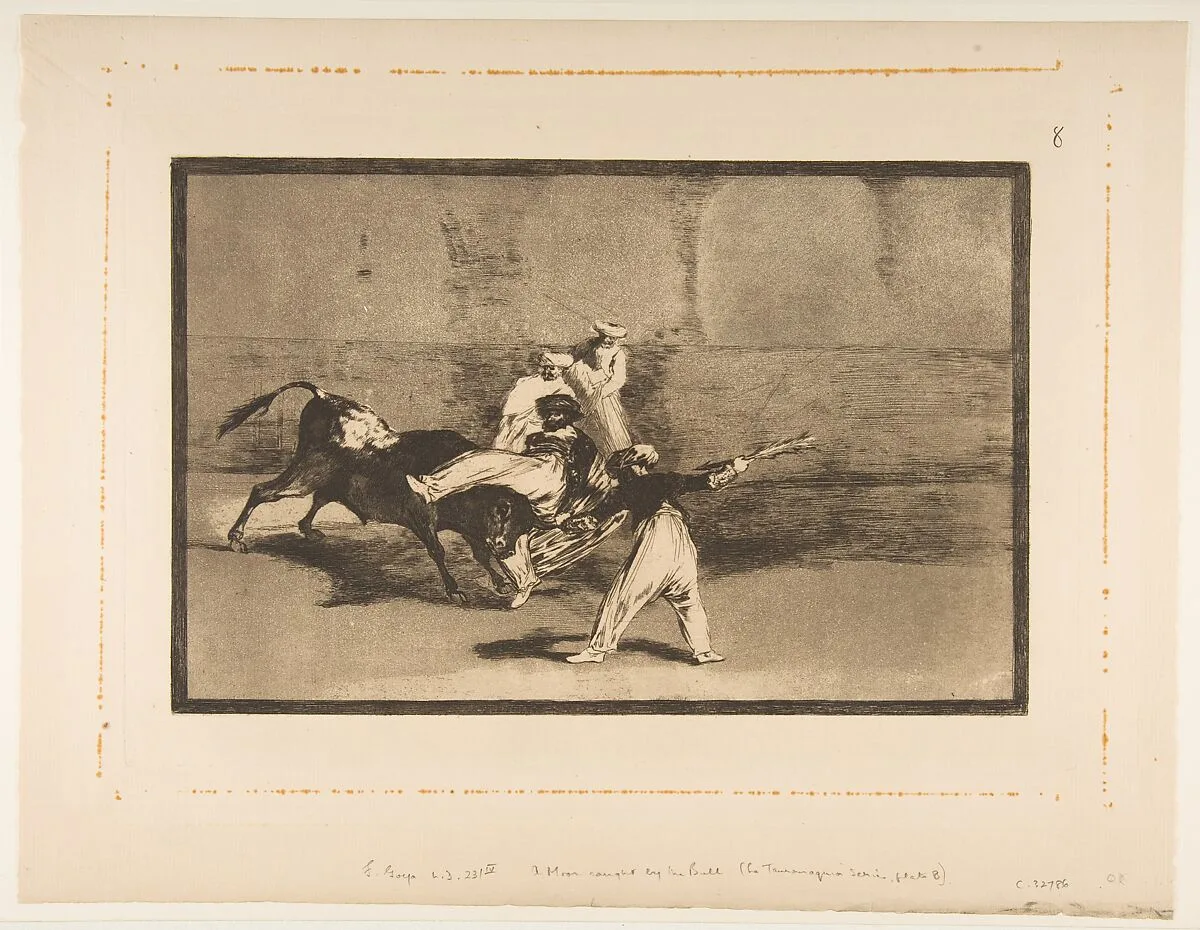 Plate 8 from "Tauromaquia": A moor caught by the bull in the ring — Goya (Francisco de Goya y Lucientes)