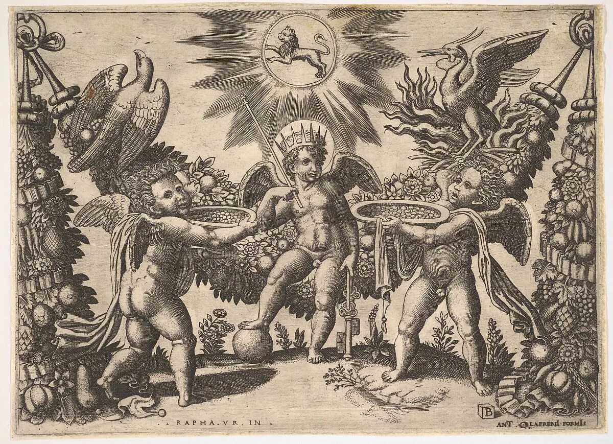 Two putti presenting cups full of gold to a putto in the guise of the god of riches, from a series of tapestries made for Leo X — Master of the Die|Antonio Lafreri