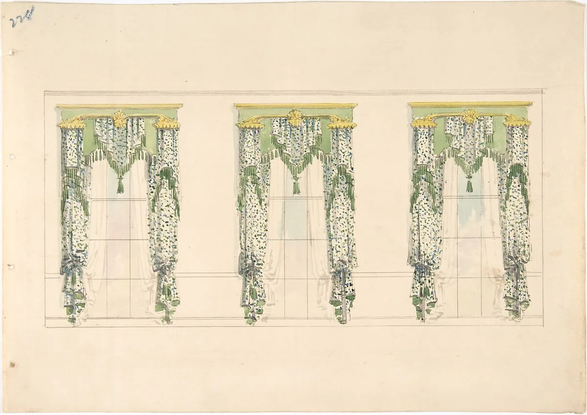 Design for Green and White Curtains with Green Fringes and a Green and Gold Pediment — Anonymous, British, 19th century