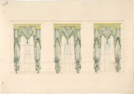 Design for Green and White Curtains with Green Fringes and a Green and Gold Pediment