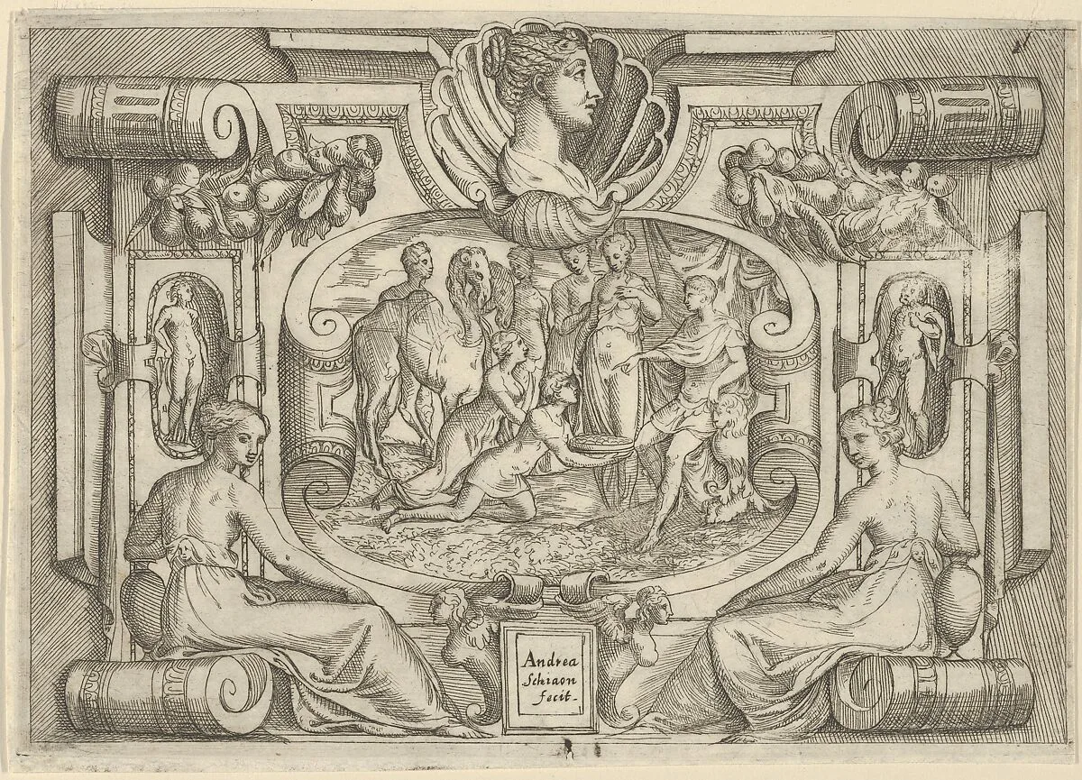A man and woman offering a platter of coins to a king seated on a throne, set within an elaborate frame — Andrea Schiavone (Andrea Meldola)|Battista Angolo del Moro|Jacques Androuet Du Cerceau