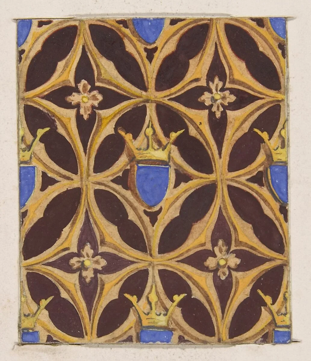Design for wallpaper featuring blue shields surmouted by crowns — Jules-Edmond-Charles Lachaise|Eugène-Pierre Gourdet