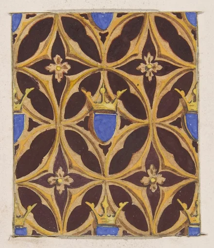 Design for wallpaper featuring blue shields surmouted by crowns