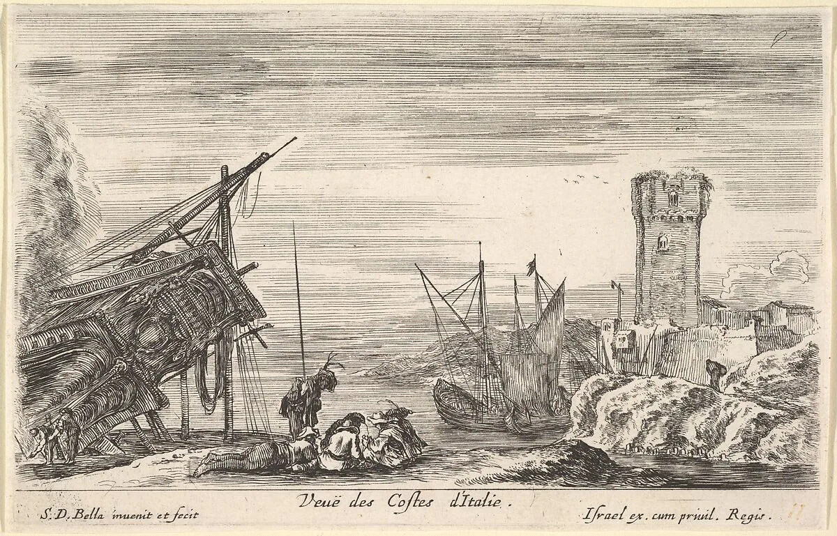 View of the coast of Italy (Veue des Costes d'Italie), the bow of a ship resting to left, a group of men playing cards in center, a tower in ruins to right in the background, from 'Views of seaports' (Vues de ports de mar) — Stefano della Bella|Israël Henriet