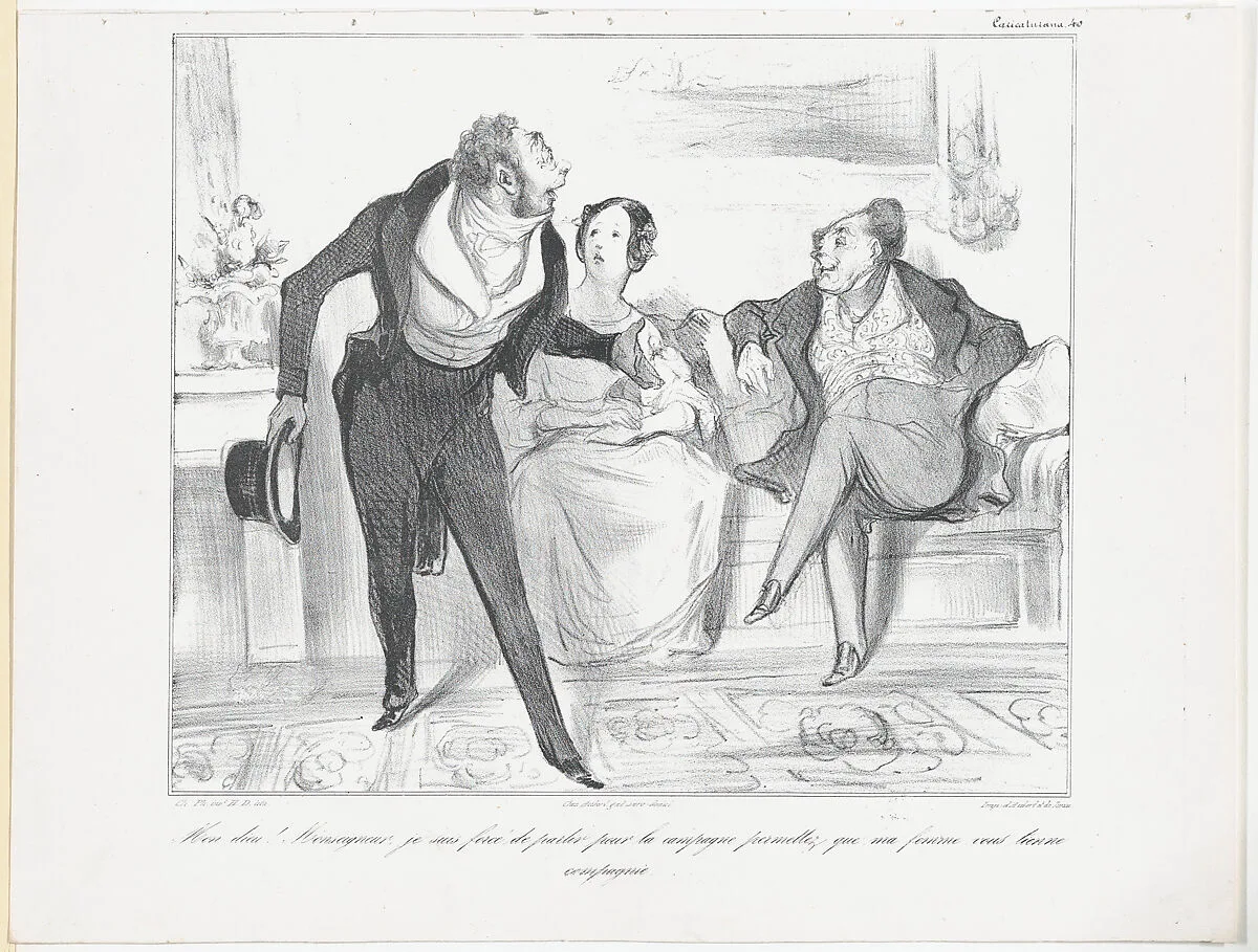 Plate 40: My God! Monseigneur, I am forced to leave for the countryside, allow me to leave my wife behind to keep you company, from 'Caricaturana,' published in Les Robert Macaires — Junca|Honoré Daumier|Charles Philipon|Aubert et Cie|Aubert et Cie
