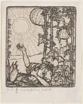 Story of Jonah: Jonah drying off on shore, covered in seaweed, vines with pumpkins at right and a town in the background — Marcus Behmer