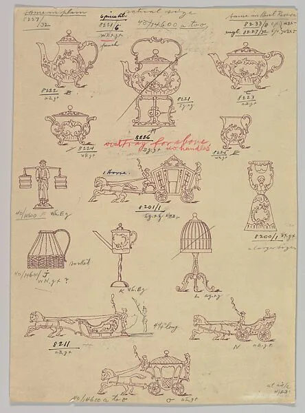 Design for Small SIlver Ornaments: Tea and Coffee Service, Carriages, Sleigh, Birdcage, Basket, Loving Cup, and Figure Carrying Buckets on Yoke — Anonymous, Czech, early 20th century